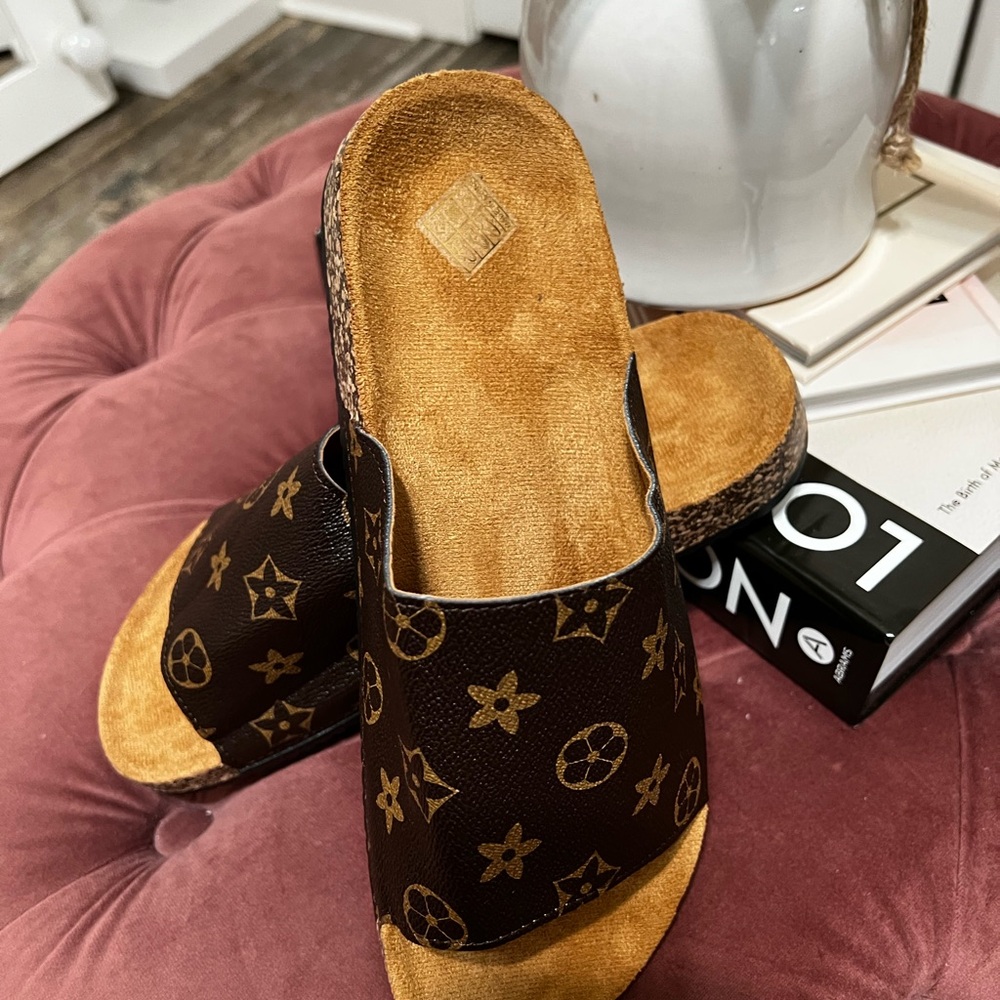 Monogram Slide Sandals in Brown and Tan